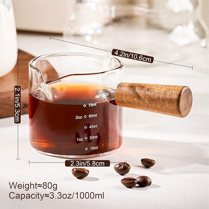 PARACITY Espresso Cups with Handle set of 2, 3.5OZ Double Spout Glass Measuring Cup with Dual Scale, Clear Espresso Shot Glass with V-Shaped Mouth, Espresso Accessories