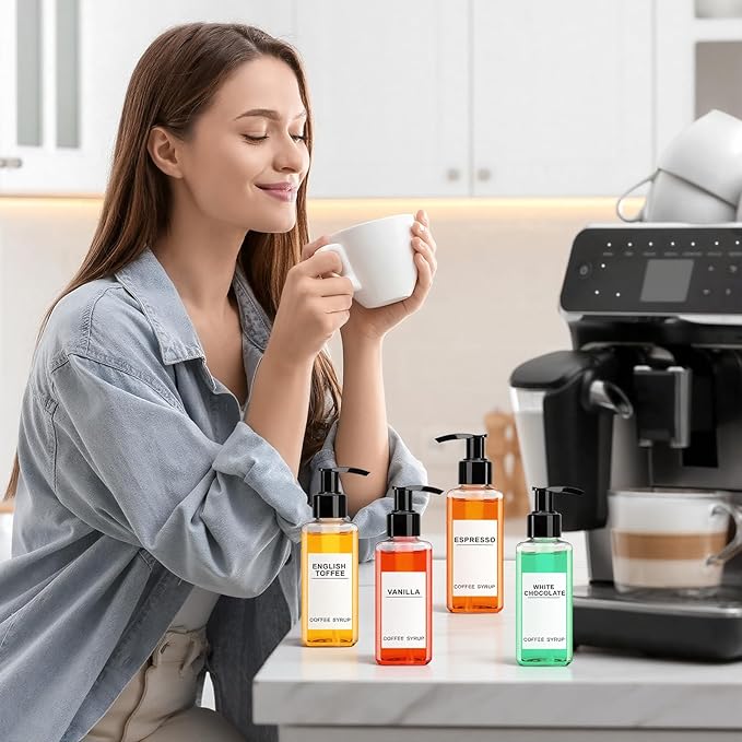 Nuogo 6 Pcs Coffee Syrup Dispenser Bottles Set 750ml, 500ml, 300ml, 150ml PET Black Syrup Bottles with Pump Dispenser 27 Labels for Coffee Bar Kitchen Accessories Portable Travel(5 oz,Square)