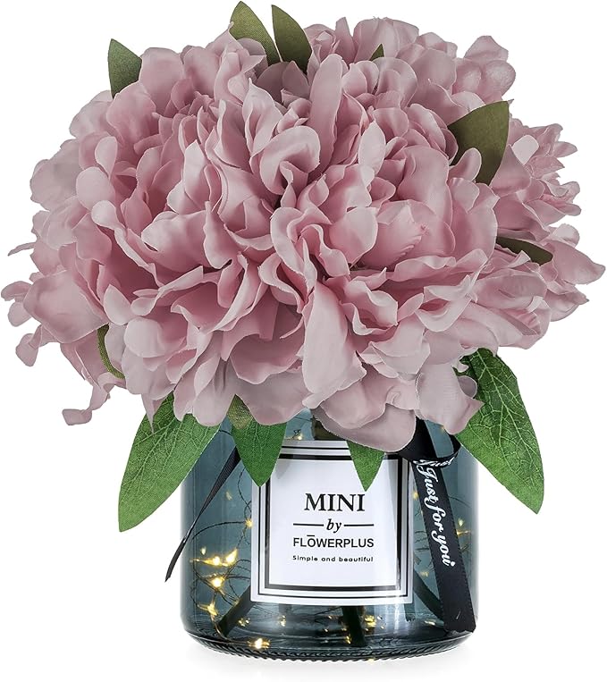 BLOSMON Pink Artificial Flowers in Vase: Fake Hydrangea with Gray Vase LED Light for Table Centerpieces Decor - Small Faux Arrangements Desk Vanity Bathroom Office Decoration (8.2" Height)