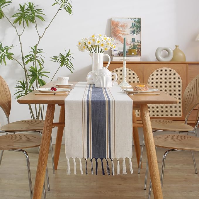 Niviy Blue Table Runner 48 Inches Long with Tassels, Seasonal Summer Washable Embroidered Striped Braided Blue and White Boho Table Runners for Holiday Party 12 x 48 Inches