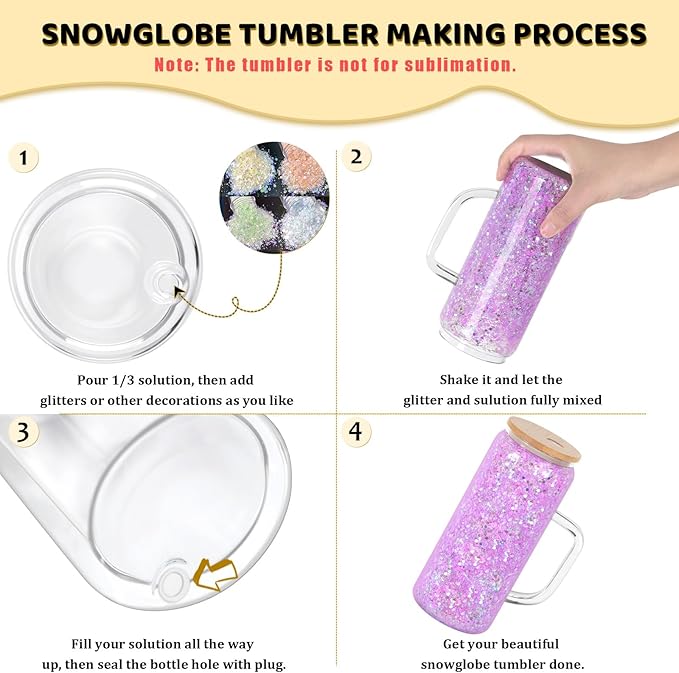 20 Oz Snow Globe Glass Cup With Handle, 4 Pack Pre-Drilled Double Wall Glass Coffee Mug For Snowglobe Diy Glitter, Double Wall Snow Globe Tumbler with Bamboo Lid