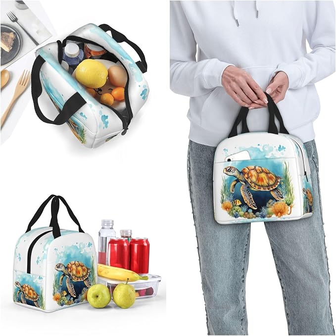 Insulated Lunch Bag Sea Turtle Ocean Watercolor, Leakproof Lunch Tote for Work School, Reusable Lunch Box Cooler for Adults Students, Compact Lunch Bag for Office College Picnic