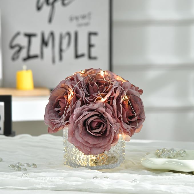 Artificial Rose in Glass Vase Vintage Silk Flower Arrangement with LED Light for Table Centerpiece Home Wedding Decoration (Plum Purple)