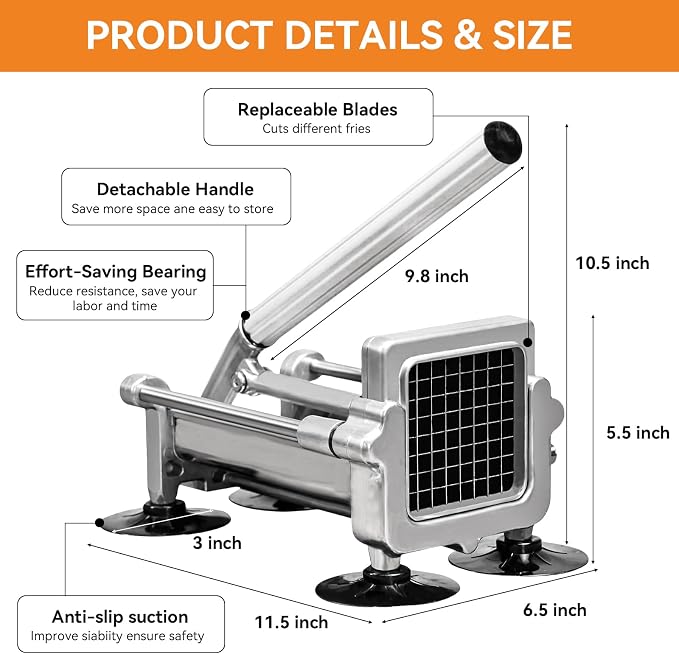 Commercial French Fry Cutter Heavy Duty Potato Slicer with 3/8&1/4&1/2 Inch Blade, Stainless Steel Potato Chopper French Fries Cutter with Suction Feet for Potato Carrot Yam Cucumbers