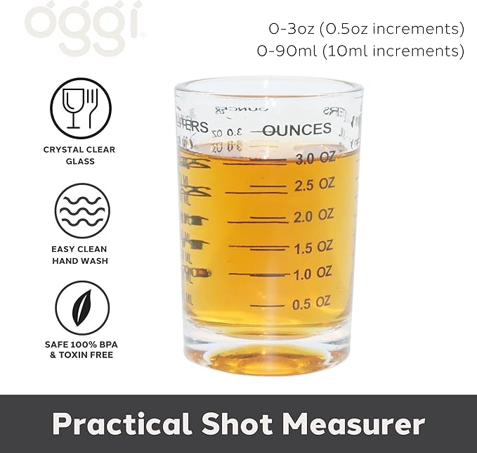 OGGI Measuring Shot Glass with Measuring Lines, 3oz / 90ml - Bartender Accessories, Jigger for Bartending, Shot Glass Measuring Cup with Ounces & Milliliters