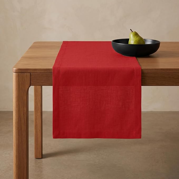 Solino Home Linen Red Table Runner 48 Inches - 100% Pure Linen Small Table Runner 14 x 48 Inch Ideal for Dresser and Coffee Tables - Fete - 4th of July