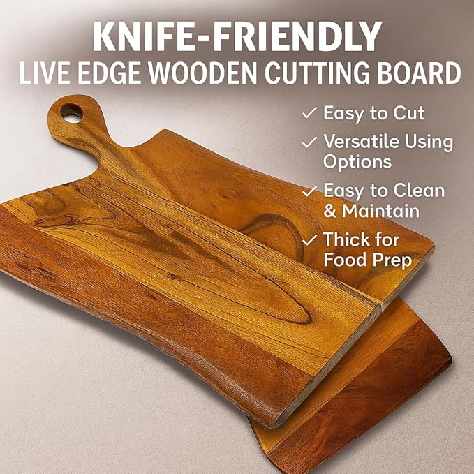 Live Edge Wooden Cutting Board, Mixwood Chopping Board with Handle for Kitchen, Knife-Friendly Butcher Block, Charcuterie Cheese Serving Platter, Thick Food Prep Tray for Meat, Vegetable, 17"x12"