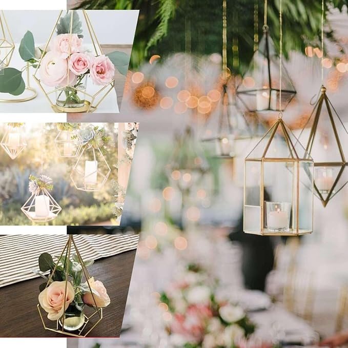 Efavormart 16.5" Rose Gold Geometric Candle Holder Set 3 Metal Geometric Centerpieces Joint Together Votive Glass Holders