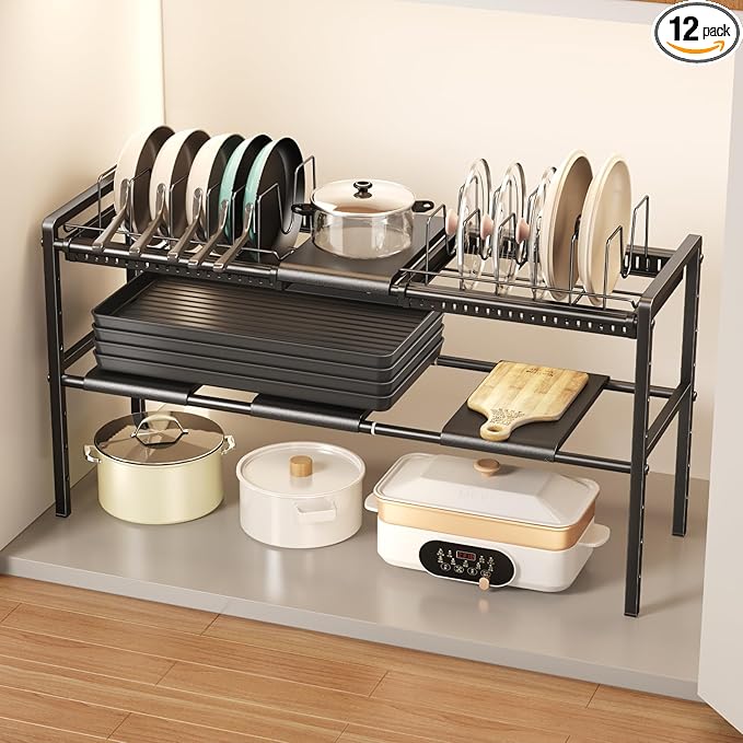 Mustorn Pots and Pans Organizer Under Cabinet, Expandable 2 Tier Under Sink Organizers and Storage Adjustable Height Kitchen Pot and Pan Lid Holder Rack with 12 Dividers Under Cabinet Shelf(Black)