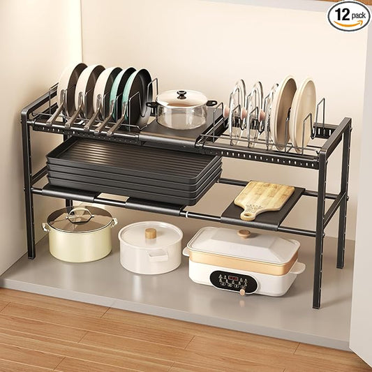 Mustorn Pots and Pans Organizer Under Cabinet, Expandable 2 Tier Under Sink Organizers and Storage Adjustable Height Kitchen Pot and Pan Lid Holder Rack with 12 Dividers Under Cabinet Shelf(Black)