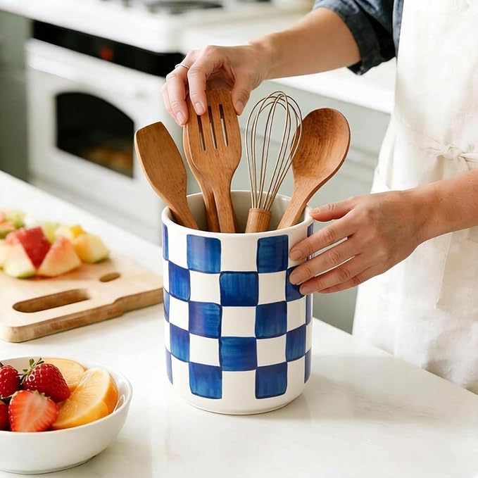 JarThenaAMCS Kitchen Utensil Holder 6.3 Inch Checkered Ceramic Cooking Utensil Holder Modern Watercolor Blue White Plaid Utensil Crock for Home Kitchen Countertop Storage Organizer Container