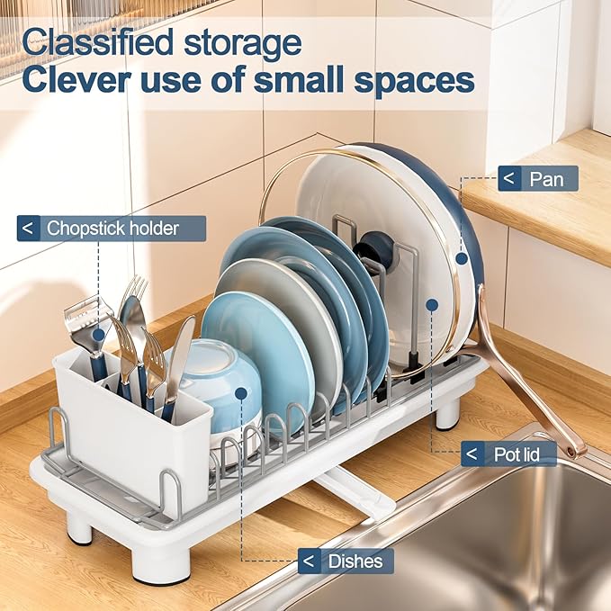 Compact Dish Drying Rack with Utensil Holder – Small Countertop Dish Drainer with 360° Rotating Drain Spout, Stainless Steel Dish Rack for Kitchen Sink, Space-Saving Design for Small Kitchen, White