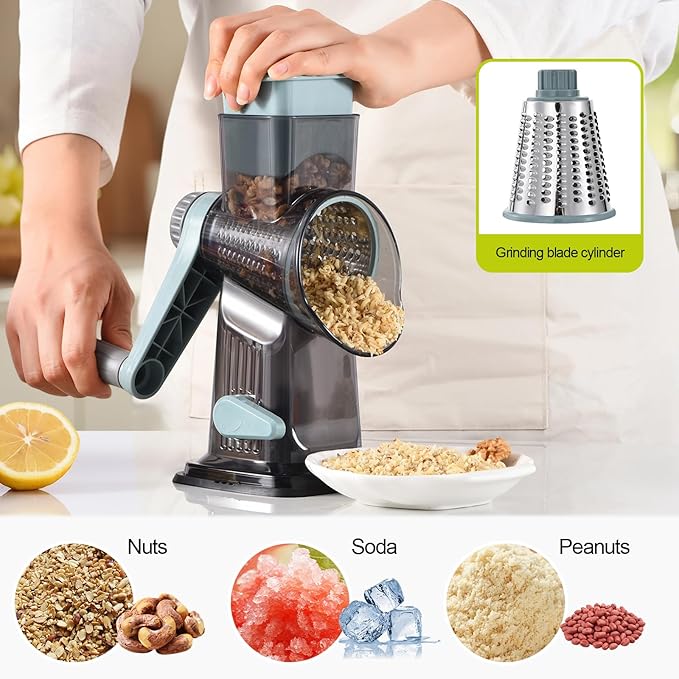 Rotary Cheese Grater, 3-in-1 Shredder for Cheese Vegetables Nuts with Hand Crank - Interchangeable Stainless Steel Blades, Strong Suction Base, Finger-Safe Design, BPA Free, Blue