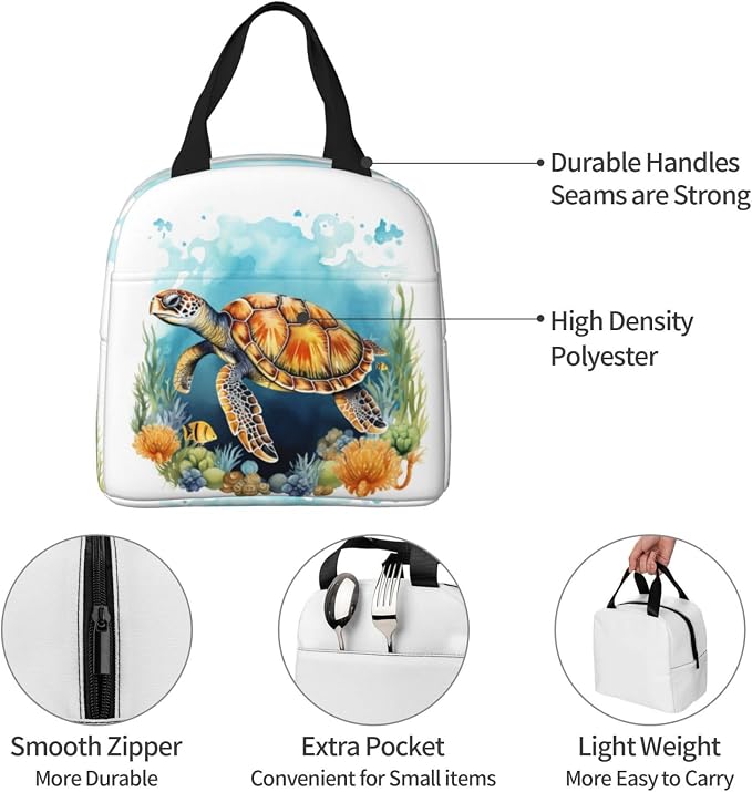 Insulated Lunch Bag Sea Turtle Ocean Watercolor, Leakproof Lunch Tote for Work School, Reusable Lunch Box Cooler for Adults Students, Compact Lunch Bag for Office College Picnic