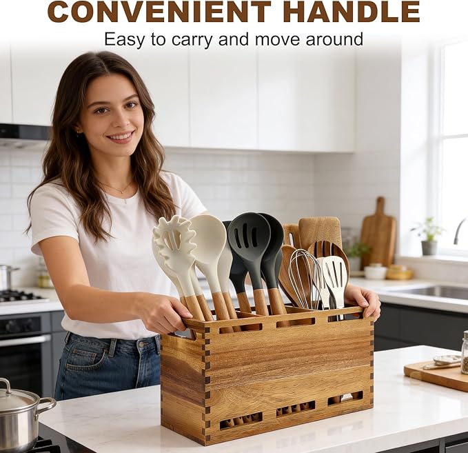 Extra Large Acacia Wood Utensil Holder for Kitchen Counter Decor Rustic Wooden Spatula Holders Cooking Utensils Organizer Countertop Silverware Caddy Spoon Kitchen Tool Holder Farmhouse Utensil Crock