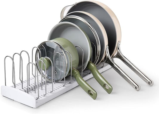 YouCopia StoreMore Expandable Pan and Lid Rack with Steel Wires, 12.5"-22" Wide Adjustable Pan Organizer for Kitchen Cabinet Storage, Premium Edition