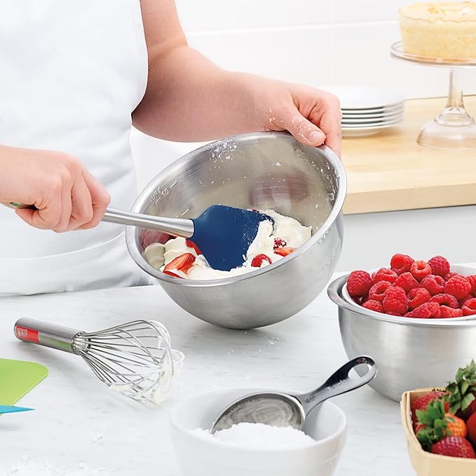 Tovolo Silicone Cooking Utensil Set of 6 Stainless Steel Handle Ladle Slotted Turner Tongs Flex Core Spatula Scraper Mixing Spoon & Potato Masher, Dishwasher Safe BPA Free Utensils, Deep Indigo