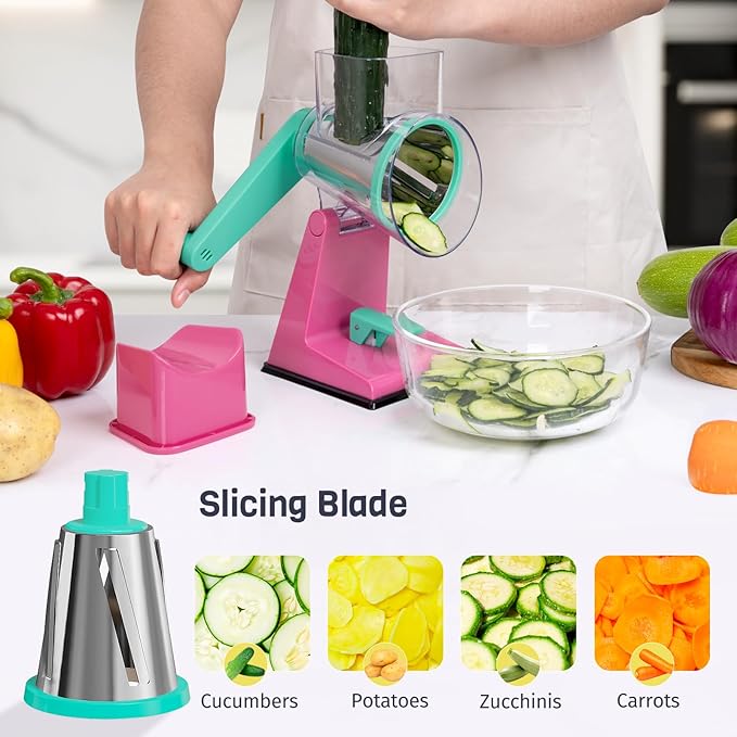 Upgraded Rotary Cheese Grater with 3 Interchangeable Stainless Steel Drums, One-Press Powerful Suction Manual Vegetable Shredder&Slicer for Kitchen, 15pcs Storage Bags Included, Rose-red&Green
