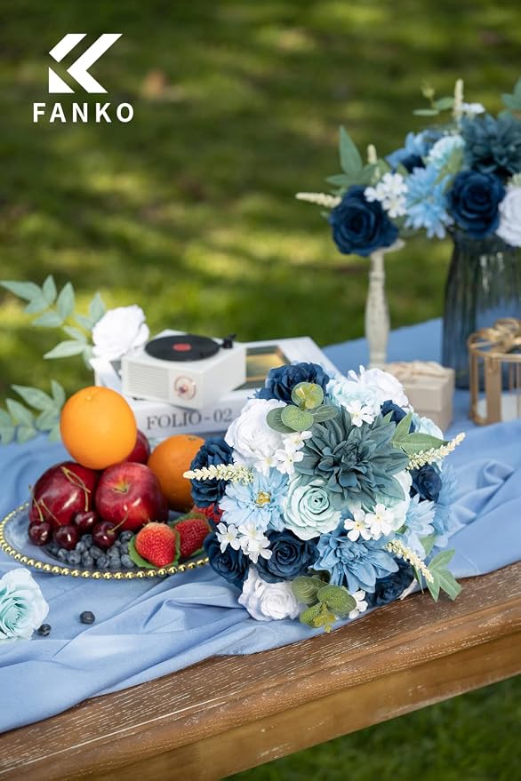 FANKO Artificial Flowers for DIY, Blue White Faux Flowers Bouquet, Fake Flowers with Roses Dahlia Daisy Silk Flowers for Vase, Home Decor, Wedding Centerpiece, Floral Arrangement Décor