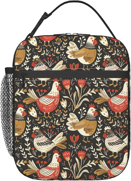 Vintage Farmhouse Chicken Floral Portable Lunch Bag, Insulated Lunch Box Reusable Totes for Women Men Adults, Lunchbag for Work Picnic Camping