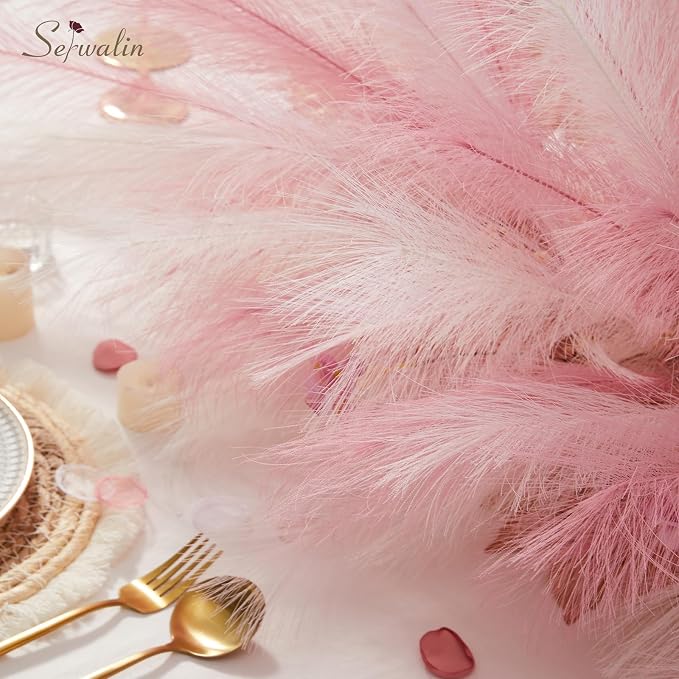 Serwalin 60 Pcs Pampas Grass, 17.7" Pink Pampas Grass Decor, Faux Pampas Grass Home Decoration Wall Decor Vase Filler for Wedding Centerpieces Party Decorations, Pink Valentines Decor