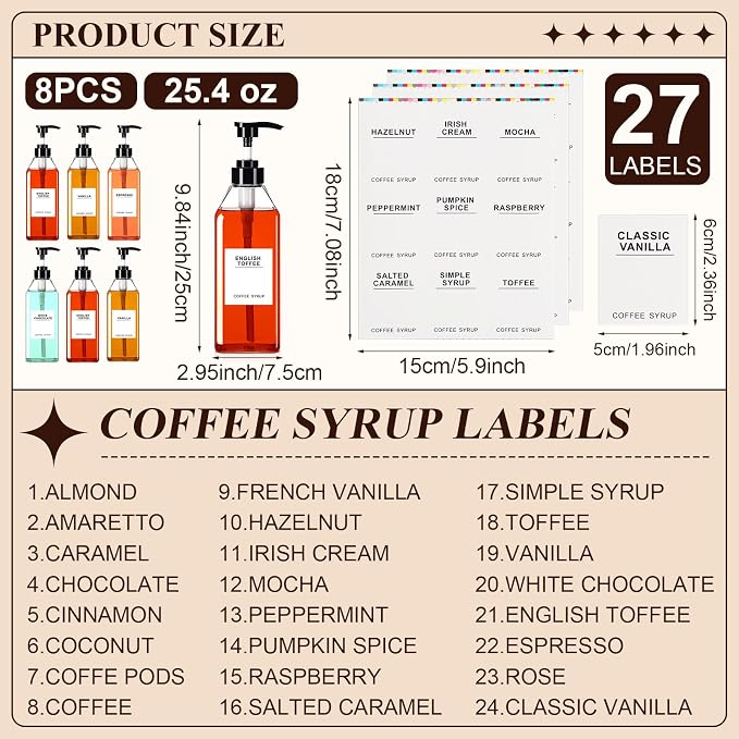 Nuogo 8 Pcs Coffee Syrup Bottles 25.4 Oz/750ml Syrup Pump Dispenser Pump Bottle for Coffee Empty Black Bottle with 27 Comprehensive Labels Kitchen Accessories