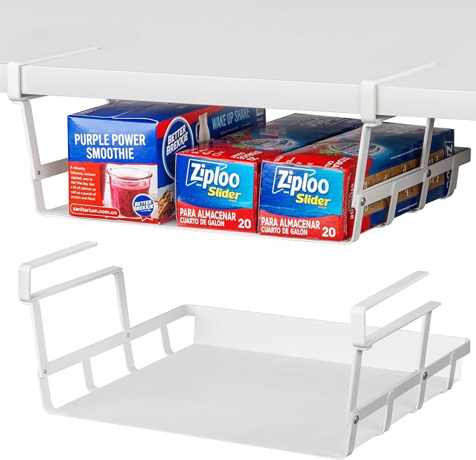 Under Shelf Basket, 4 Pack Under Cabinet Shelf Basket Organizer | Hanging Wire Storage Baskets, Slide-in, Add-on Space Saving for Kitchen Pantry Desk Bookshelf Laundry Room, White