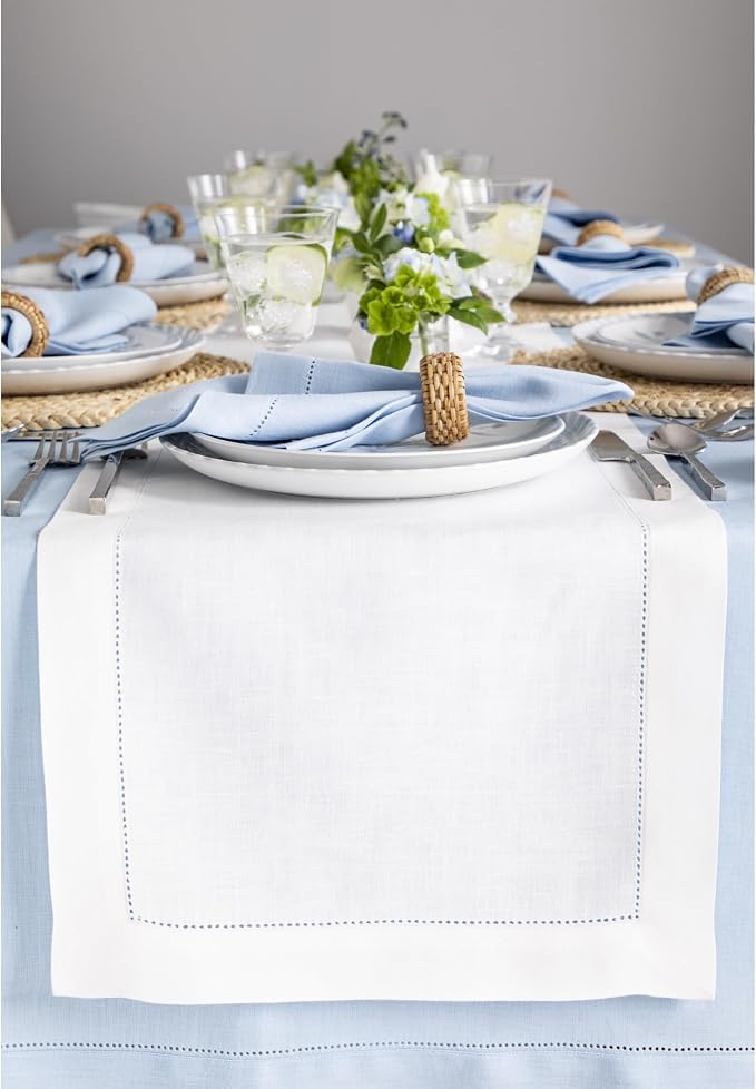 Solino Home Linen White Table Runner 108 Inches Long - 100% Pure Linen 14 x 108 Inch Table Runner for Summer, 4th of July - Classic Hemstitch