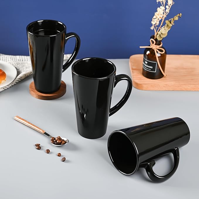 BYCNZB 16oz black Funnel Ceramic Tall Coffee Mugs for Coffee, Tea, Cocoa, Latte, Milk set of 4(Black)