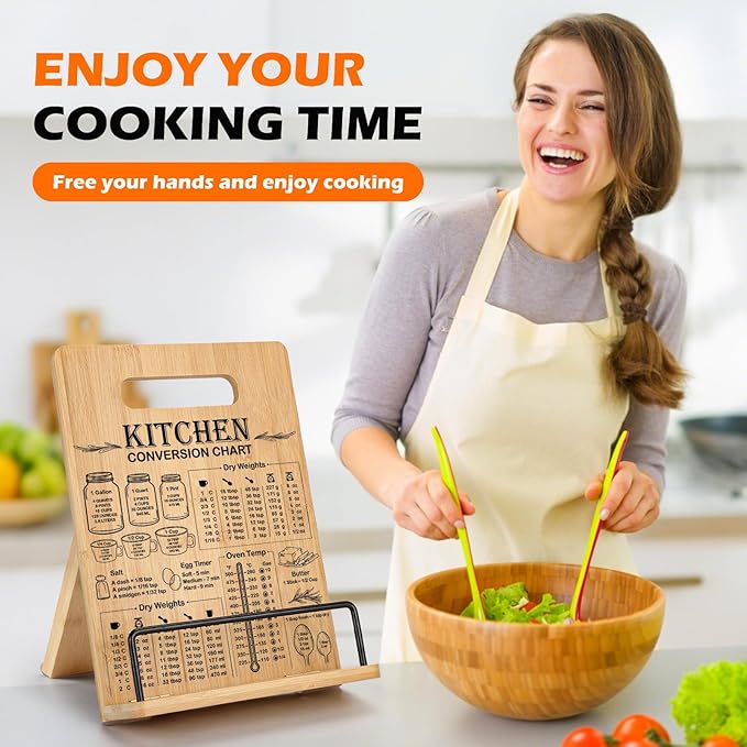 Bamboo Cookbook Stand for Kitchen Counter, Recipe Book Holder with Measurement Conversion Chart, Adjustable Cookbook Holder, Essential Accessories Women Gifts for Birthday Christmas