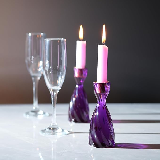 Twizzle Twist Candle Holder, Decorative Candle Holder for Table Display, Romantic Decoration, Unique Home DÉCOR Aesthetic, Housewarming Gift, Purple Height 5.7 inches Set of 2 - Resin