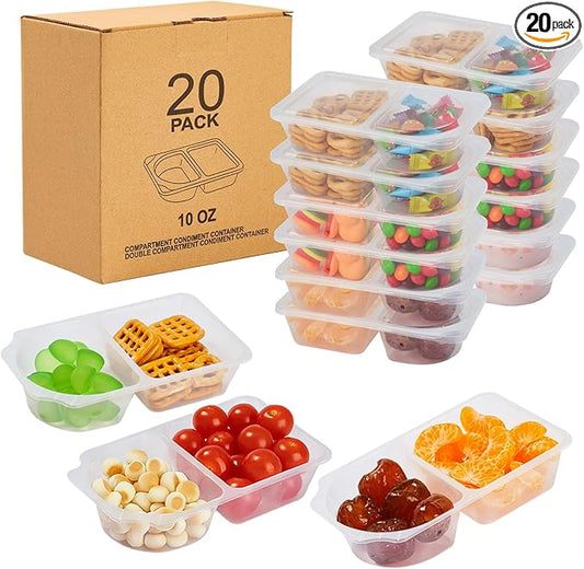20 Pack 10 OZ Reusable Snack Containers with Lids,Disposable 2-Compartment Snack Pack Containers,Meal Prep Containers for Adults,Sauce Food Container Portion Control Containers for Travel Picnic Work