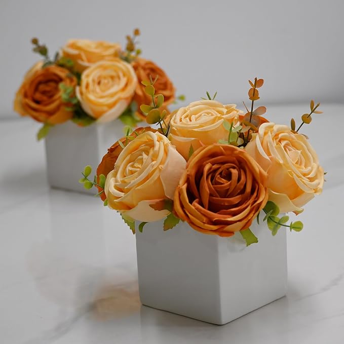 Fall Artificial Orange Silk Fake Rose with Ceramic Vase Autumn Table Decor | White Ceramic Vase Floral Arrangement, Autumn Decor for Office Kitchen Shelf Bathroom Shelf FarmhouseThanksgiving Halloween