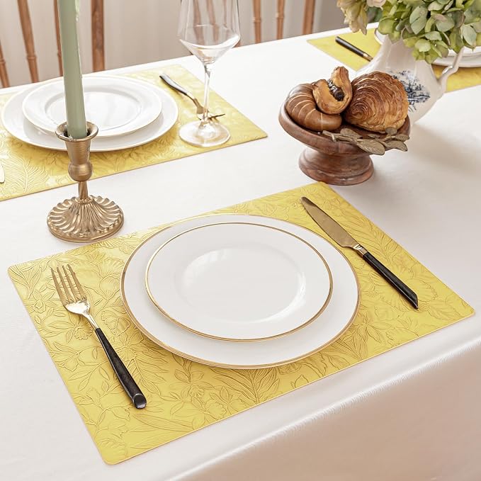 Romanstile Vinyl Placemats Set of 8-12 X 17 Inch - Heat Resistant Non-Slip Embossed Floral Place Mats 100% Waterproof Oilproof Wipeable Faux Leather Table Mats for Kitchen/Dining/Party, Yellow