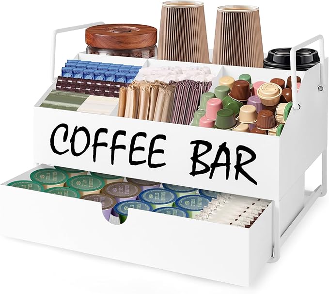Coffee Bar Accessories Organizer - Countertop Coffee Station with Drawer, Pod Holder & Condiment Organizer，White