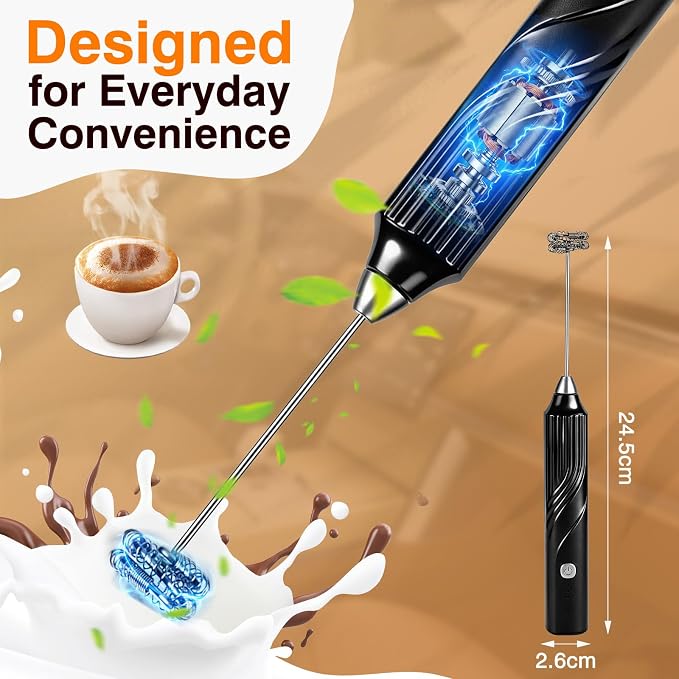 Milk Frother Handheld, Rechargeable Coffee Frother Wand with 3 Speeds, Electric Foam Maker Drink Mixer for Lattes Cappuccino Matcha Eggs, Hand Mixer for Hot/Cold Milk,Black