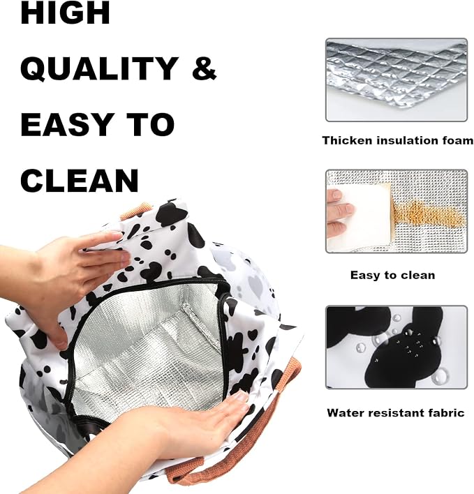 Joymee Reusable Insulated Lunch Bag, Leakproof Cooler Tote for Work - Cow | Large Capacity, Bottle Holder & Side Pockets, Leakproof Insulated Design, for Work, Travel, Picnic & Daily Use, for Adult