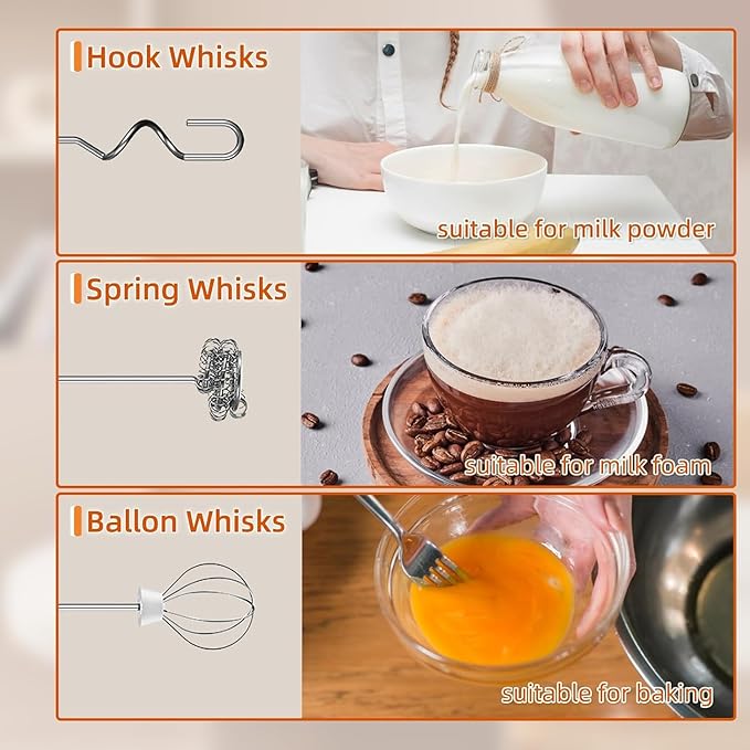 Handheld Milk Frother, 3 Heads ， Milk Frother Rechargeable, 3 Speed Adjustable Coffee Mixer Electric Handheld, Electric Whisk With Stand for Powder Drinks,Rechargeable Frother with Stand