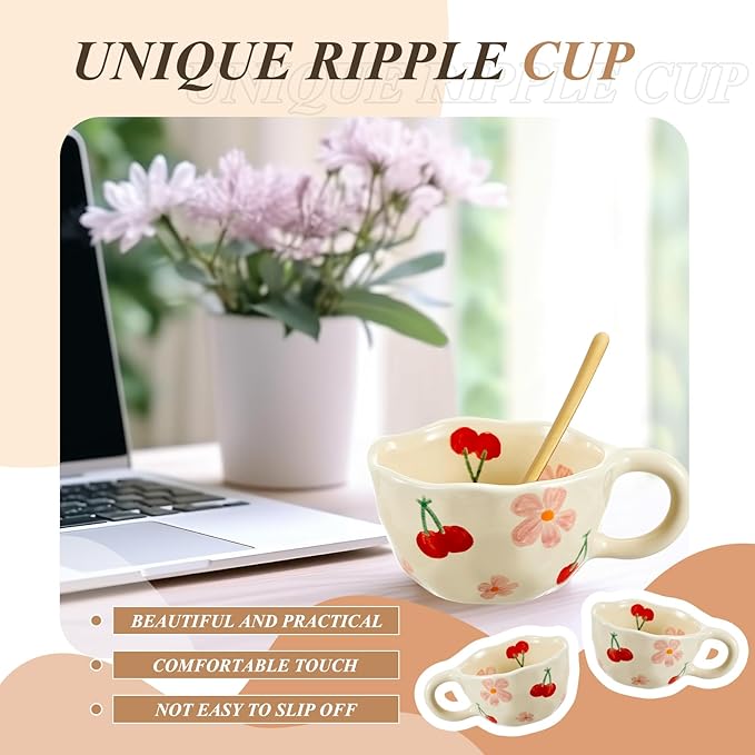 Vesici 2 Pcs Ceramic Coffee Mugs with Spoon, Vintage Floral Spring Mugs with Handle, 8.5 oz Aesthetic Flower Porcelain Tea Cup Set, Dishwasher & Microwave Safe Mothers Day Gifts for Mom(Cherry)