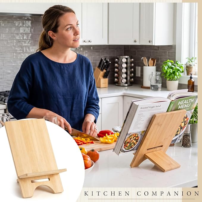 Novabright 6 Pack Adjustable Bamboo Cookbook Stand for Kitchen Counter 8 x 5 Inch Wooden Cookbook Holder for Recipe Book, Tablet, Reading, Desk Magazine Display Rack for Home Office Kitchen
