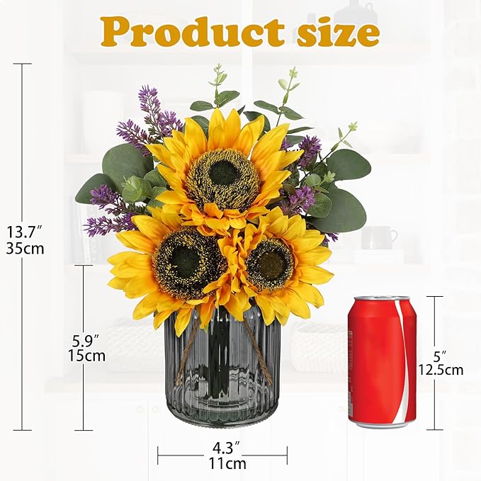 Oairse Fake Flowers in Vase, Sunflowers Artificial Flowers with Vase Sunflowers Centerpieces for Table Silk Flower Arrangement for Farmhouse Home Kitchen Bathroom Wedding Party Dining Room Decor