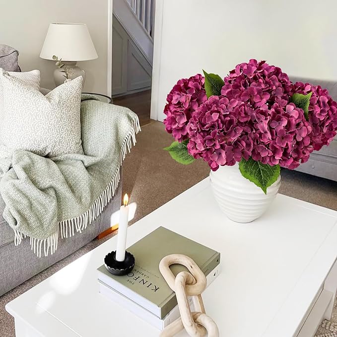 JINWOE Silk Hydrangea Artificial Flowers, 5Pcs 20Inch Large Lifelike Silk Artificial Hydrangeas, Full Fake Flowers for Bouquet Table Centerpieces Wedding Indoor Home (Majestic Purple)
