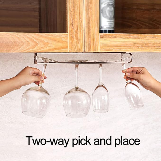 V3VOGUE 2 Pack Wine Glass Rack Under Cabinet, Hanging Wine Stemware Holder, Stainless Steel Wine Glasses Organizer Storage Hanger for Bar Kitchen Black Chrome (Color : Metallic, Size : 2pcs)