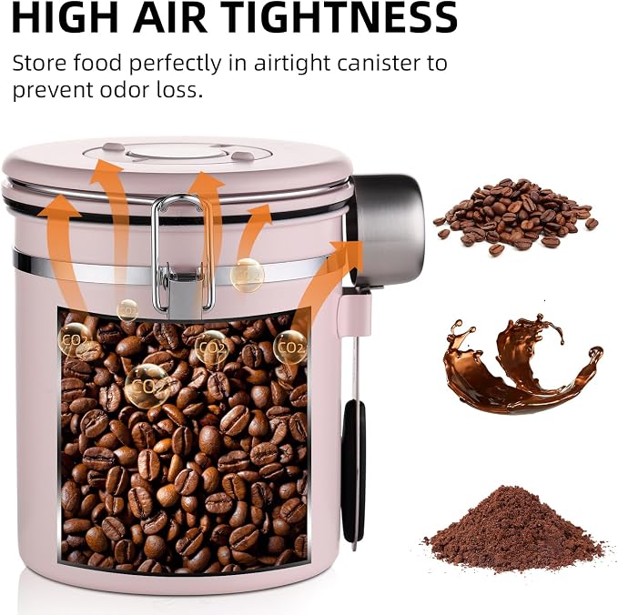Bincoo Pink Coffee Canister, Large Stainless Steel Coffee Bean Storage Container with Date Tracker (800ML)