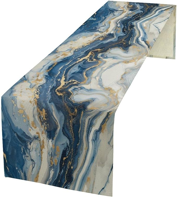 Marble Table Runner, Modern Luxury Foil Texture Blue White Gold Marble Printed Linen Table Runners for Kitchen Living Room Farmhouse Dining Room Party Home Decor 13" W x 36" L