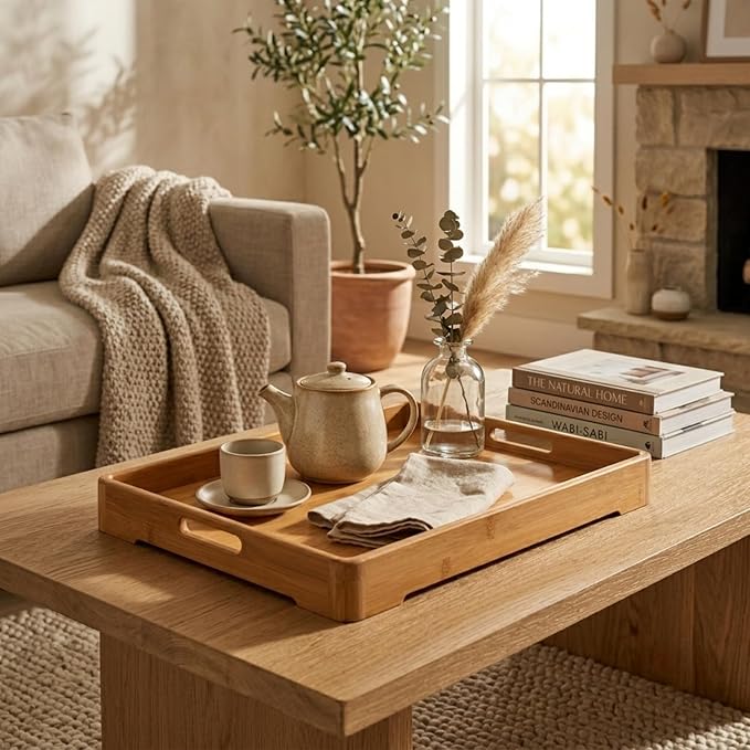 Bamber Large Bamboo Serving Tray Decorative Coffee Tea Platter 18 x 13 x 1.2 Inches