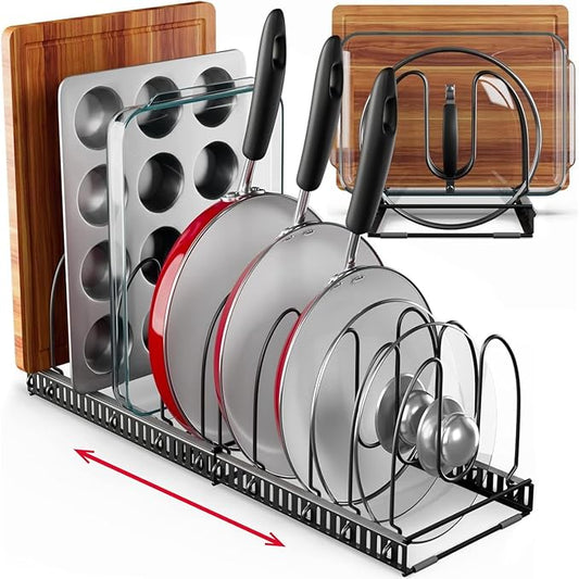 Better Things Home 12 Adjustable Dividers, Pan Pot & Bakeware Rack, Anti-Scratch Silicone Protection, Expand or Separate, Cabinet Countertop Pantry Organizer Rack (Large 8" W, Dark Grey)