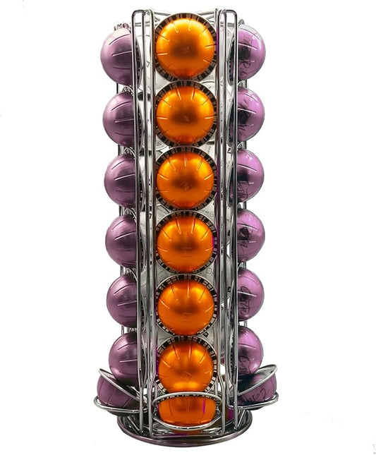 Miuly Coffee Capsule Holder For Nespresso Vertuoline, Coffee Capsule Stands Rotating Pod Rack holds 35 Nespresso Vertuo Pods, Silver