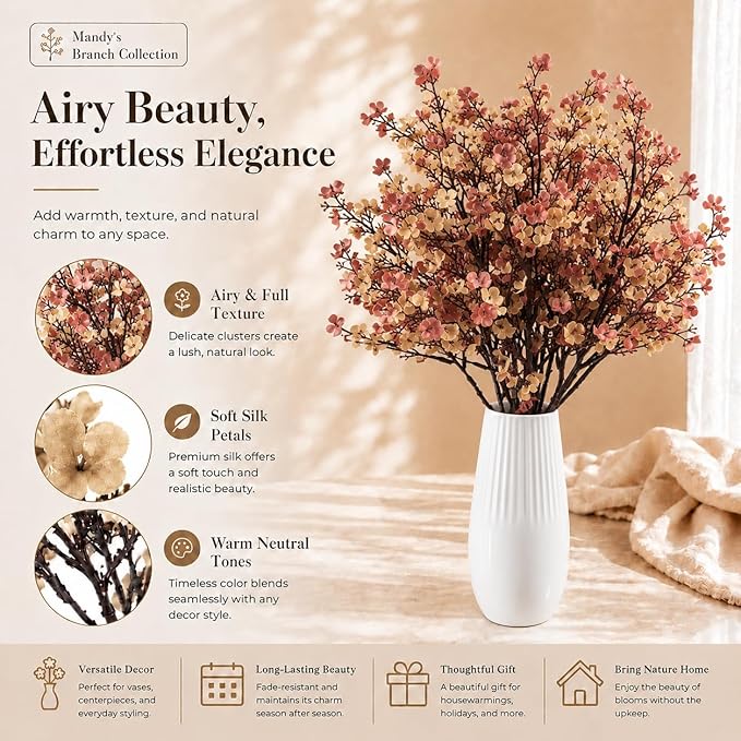 Mandy's Beige Brown Artificial Baby’s Breath Flowers 6 Bundles Silk Gypsophila, 18.5 Inch European Style Modern Home Decor Centerpiece, Neutral Wedding Flower Arrangements