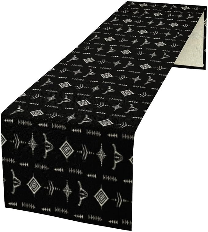 Aztec Table Runner, Vintage Rustic Minimalist White American Western Navajo Primitive Nation Tribal Star Cow's Head Table Decor Table Top Dining Kitchen Wedding Party 13x60 in